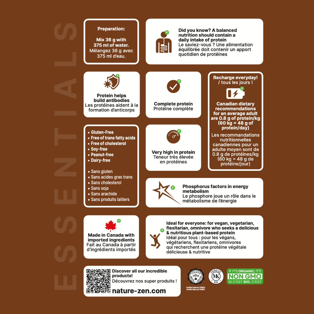 Boisson nutritionnelle protéinée en poudre biologique &amp; vegan | Nature Zen Essentials - Chocolat 